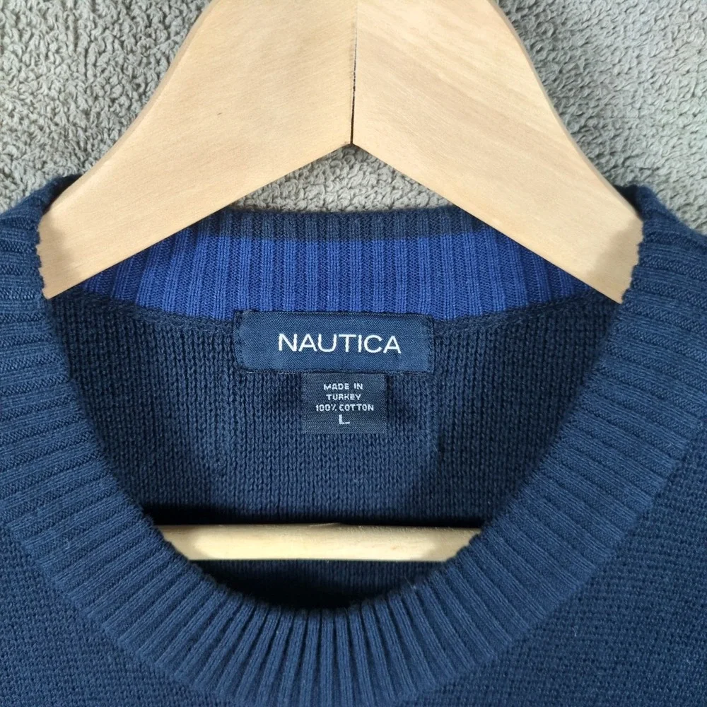 Nautica Sweater‎ Mens Large Navy Blue Knit Cotton Crew Neck Classic Grandpacore